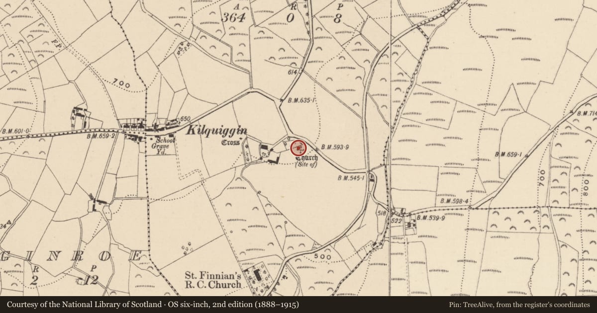 Ordnance Survey six-inch map, 2nd edition (1888–1915) covering the location of Church, Kilquiggin, County Wicklow, with a pin at the register's coordinates