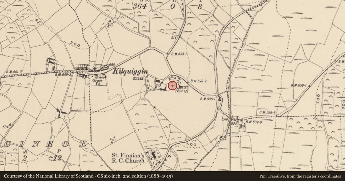Ordnance Survey six-inch map, 2nd edition (1888–1915) covering the location of Ecclesiastical enclosure, Kilquiggin, County Wicklow, with a pin at the register's coordinates