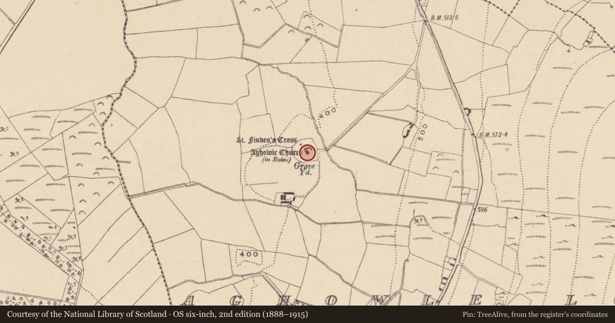 Ordnance Survey six-inch map, 2nd edition (1888–1915) covering the location of Ecclesiastical enclosure, Aghowle Lower, County Wicklow, with a pin at the register's coordinates