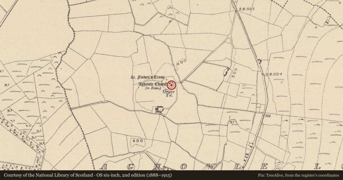 Ordnance Survey six-inch map, 2nd edition (1888–1915) covering the location of Cross-slab, Aghowle Lower, County Wicklow, with a pin at the register's coordinates