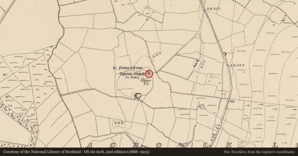 Ordnance Survey six-inch map, 2nd edition (1888–1915) covering the location of Cross-slab, Aghowle Lower, County Wicklow, with a pin at the register's coordinates