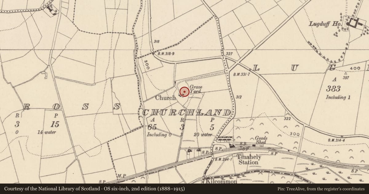 Ordnance Survey six-inch map, 2nd edition (1888–1915) covering the location of Graveyard, Churchland, County Wicklow, with a pin at the register's coordinates