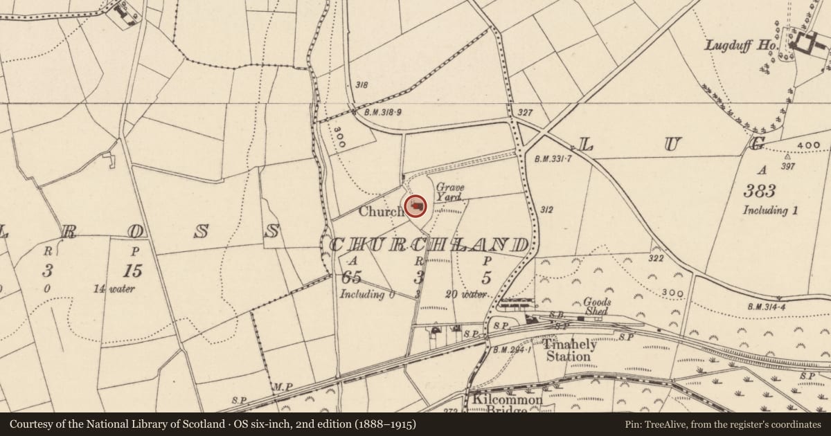 Ordnance Survey six-inch map, 2nd edition (1888–1915) covering the location of Architectural fragment, Churchland, County Wicklow, with a pin at the register's coordinates