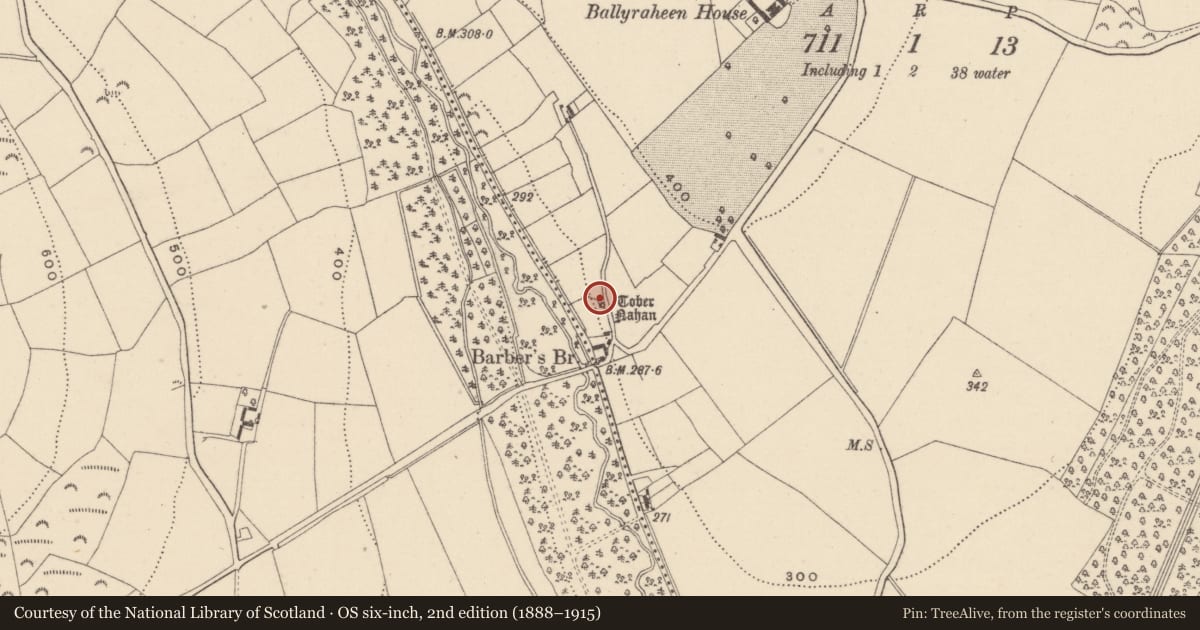 Ordnance Survey six-inch map, 2nd edition (1888–1915) covering the location of Ritual site - holy well, Ballyraheen, County Wicklow, with a pin at the register's coordinates