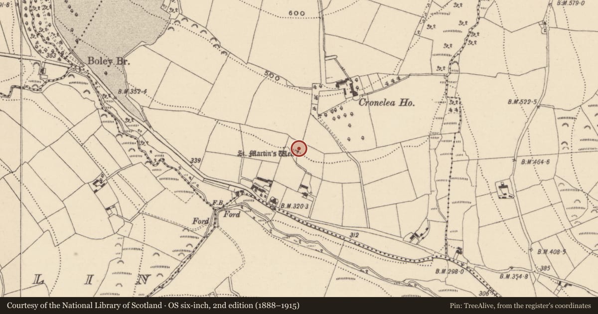 Ordnance Survey six-inch map, 2nd edition (1888–1915) covering the location of Ritual site - holy well, Cronelea, County Wicklow, with a pin at the register's coordinates