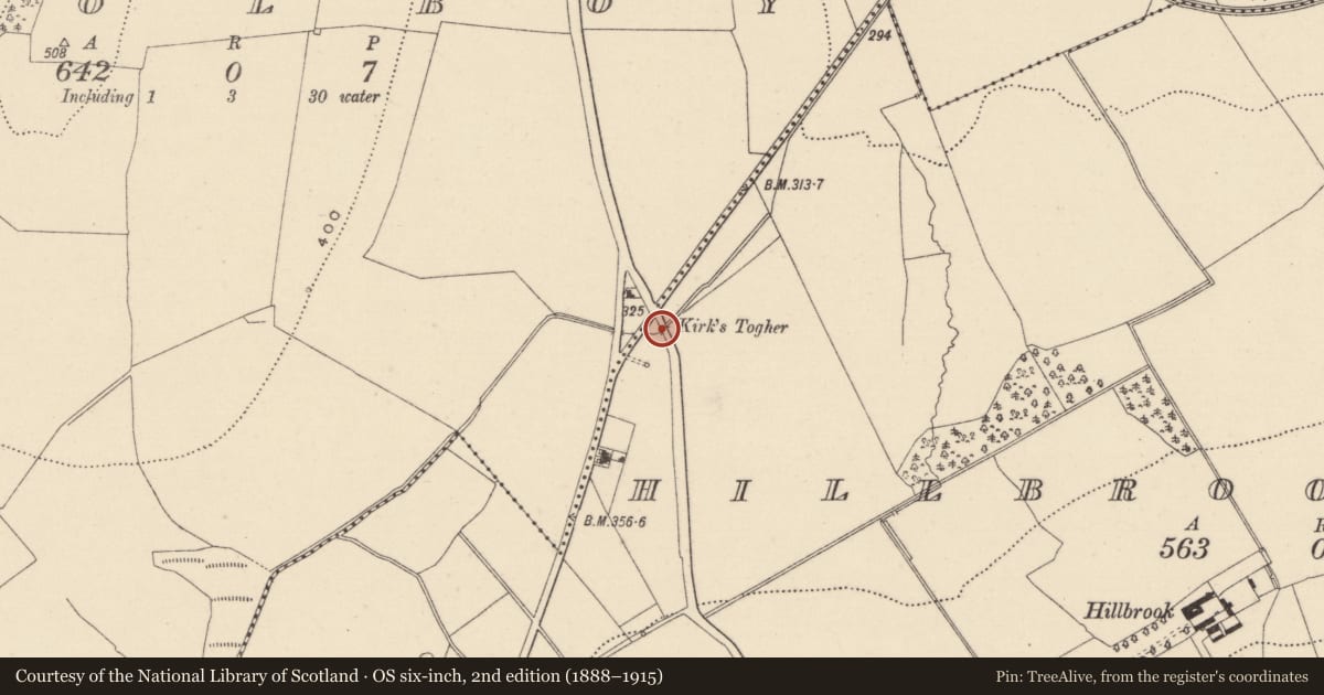 Ordnance Survey six-inch map, 2nd edition (1888–1915) covering the location of Road - unclassified togher, Hillbrook Lower, County Wicklow, with a pin at the register's coordinates