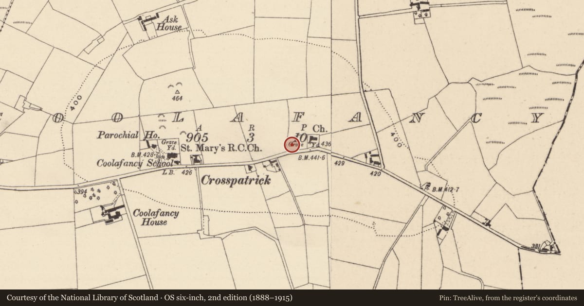 Ordnance Survey six-inch map, 2nd edition (1888–1915) covering the location of Church, Coolafancy, County Wicklow, with a pin at the register's coordinates