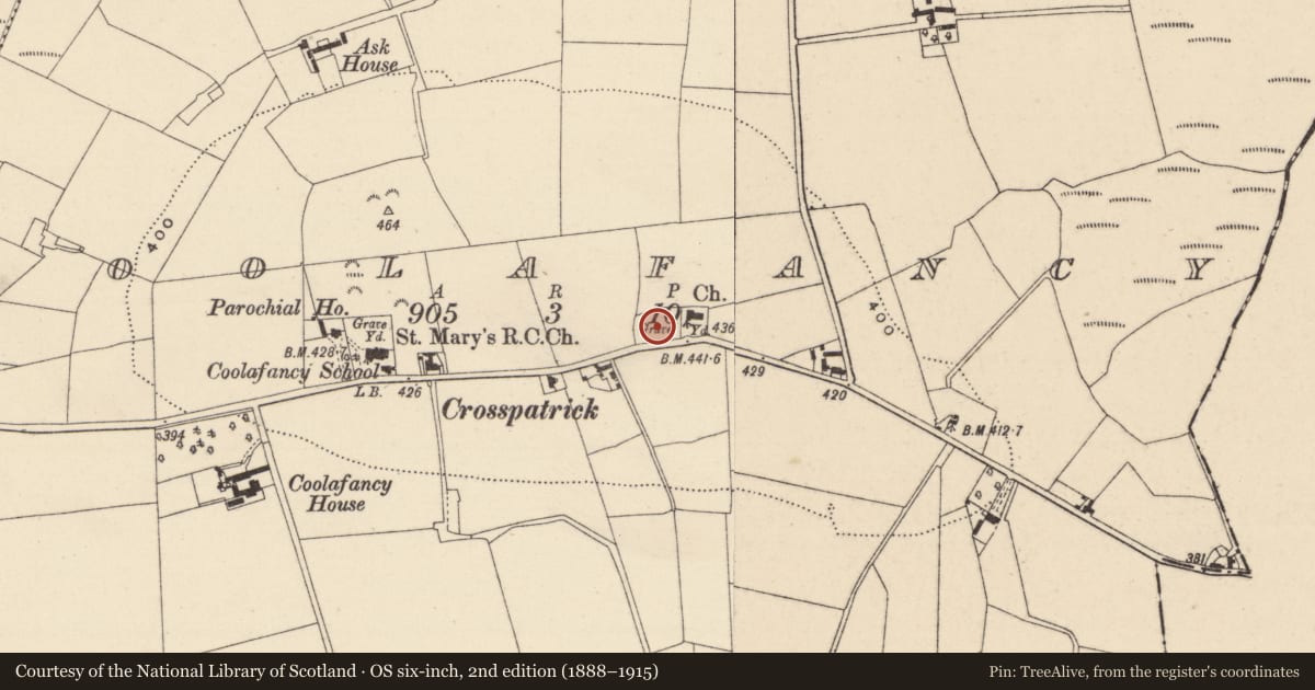 Ordnance Survey six-inch map, 2nd edition (1888–1915) covering the location of Graveyard, Coolafancy, County Wicklow, with a pin at the register's coordinates