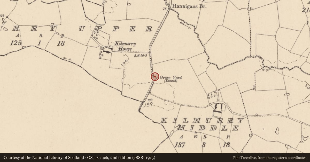 Ordnance Survey six-inch map, 2nd edition (1888–1915) covering the location of Burial ground, Kilmurry Middle, County Wicklow, with a pin at the register's coordinates