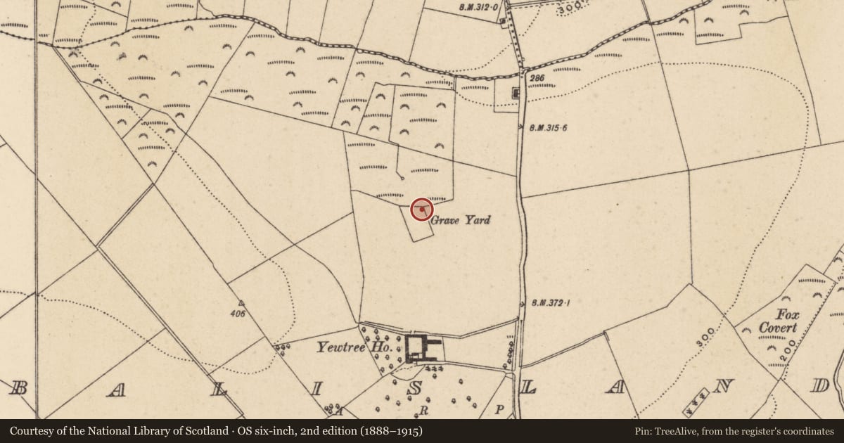 Ordnance Survey six-inch map, 2nd edition (1888–1915) covering the location of Bullaun stone, Balisland, County Wicklow, with a pin at the register's coordinates