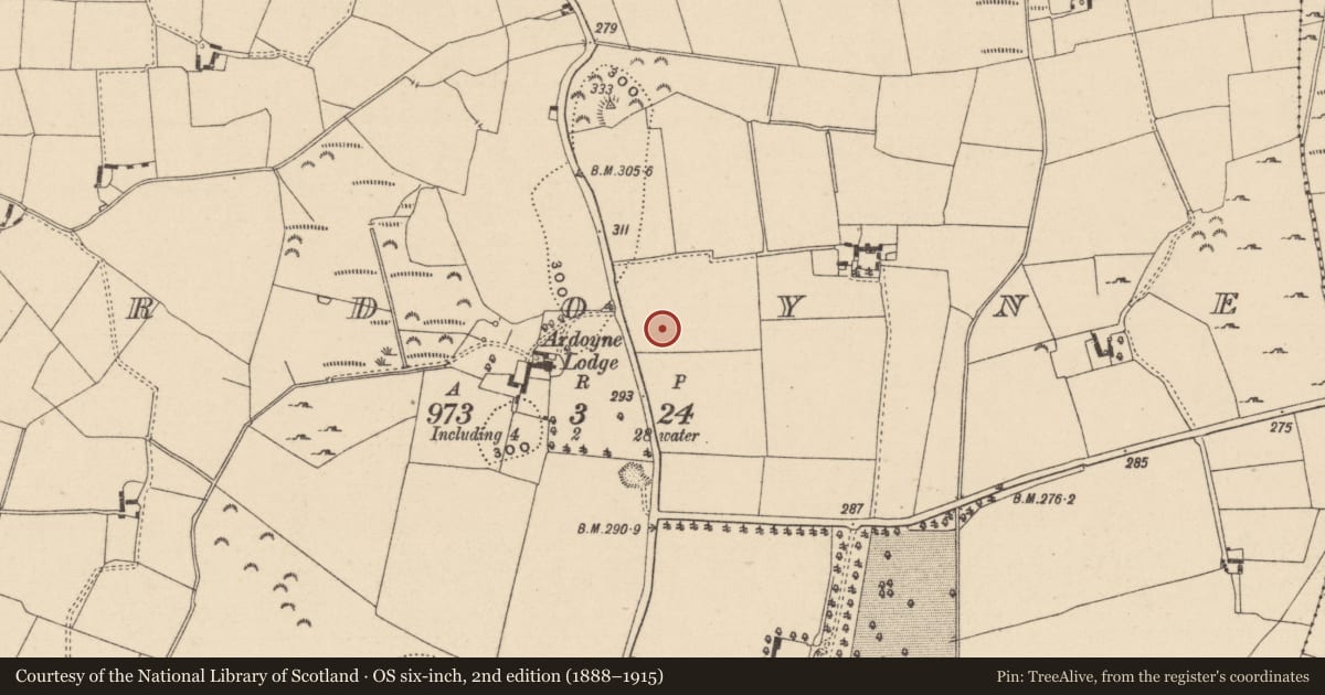 Ordnance Survey six-inch map, 2nd edition (1888–1915) covering the location of Ring-ditch, Ardoyne, County Wicklow, with a pin at the register's coordinates