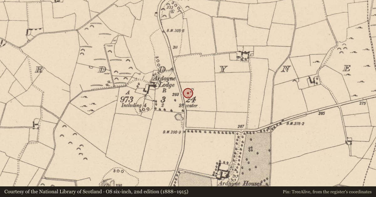 Ordnance Survey six-inch map, 2nd edition (1888–1915) covering the location of Ring-ditch, Ardoyne, County Wicklow, with a pin at the register's coordinates