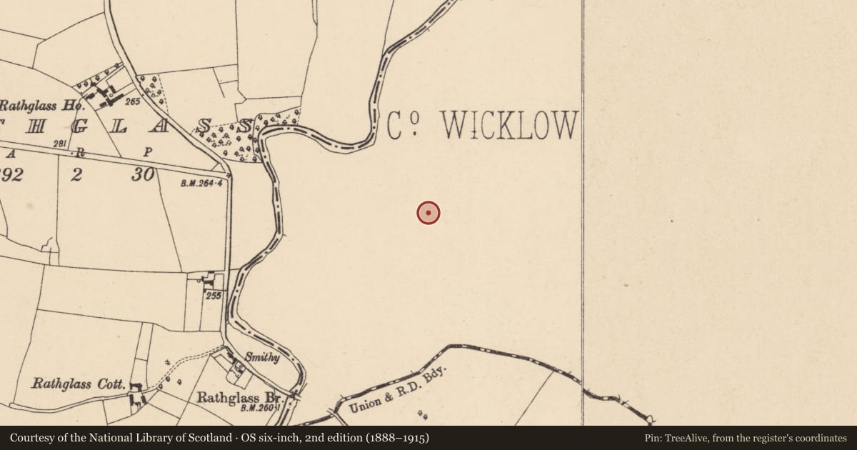 Ordnance Survey six-inch map, 2nd edition (1888–1915) covering the location of Ring-ditch, Ardoyne, County Wicklow, with a pin at the register's coordinates