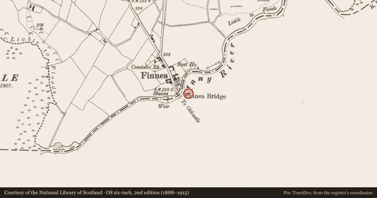 Ordnance Survey six-inch map, 2nd edition (1888–1915) covering the location of Castle - unclassified, Finnea, County Westmeath, with a pin at the register's coordinates