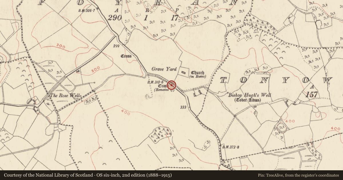 Ordnance Survey six-inch map, 2nd edition (1888–1915) covering the location of Cross - Wayside cross, Foyran, County Westmeath, with a pin at the register's coordinates