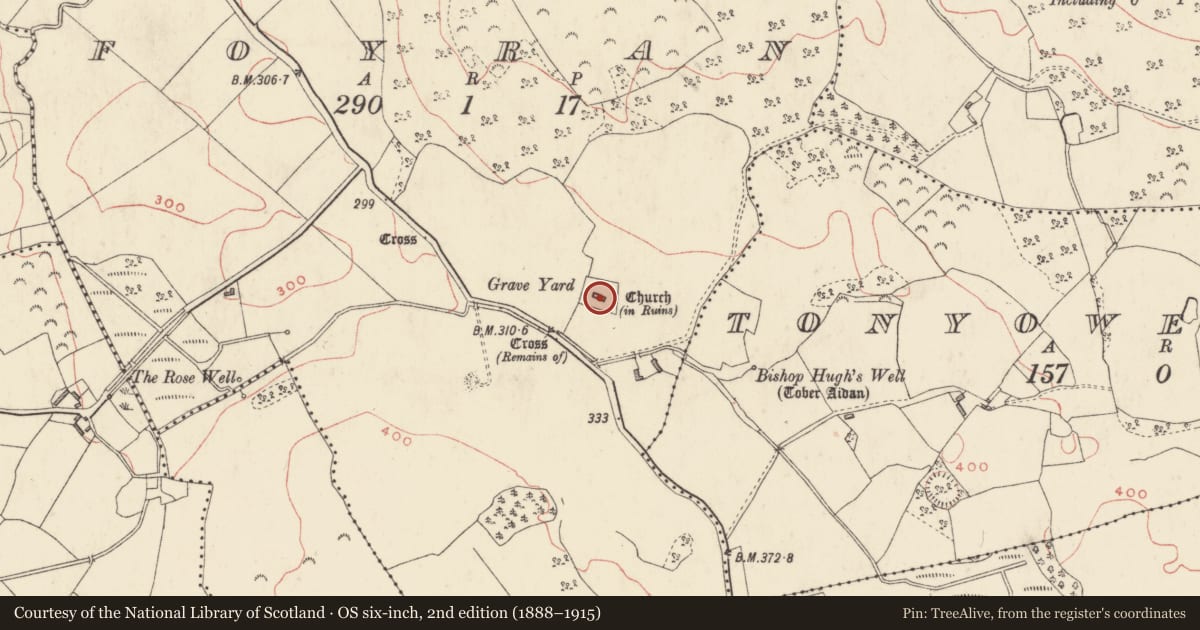 Ordnance Survey six-inch map, 2nd edition (1888–1915) covering the location of Church, Foyran, County Westmeath, with a pin at the register's coordinates