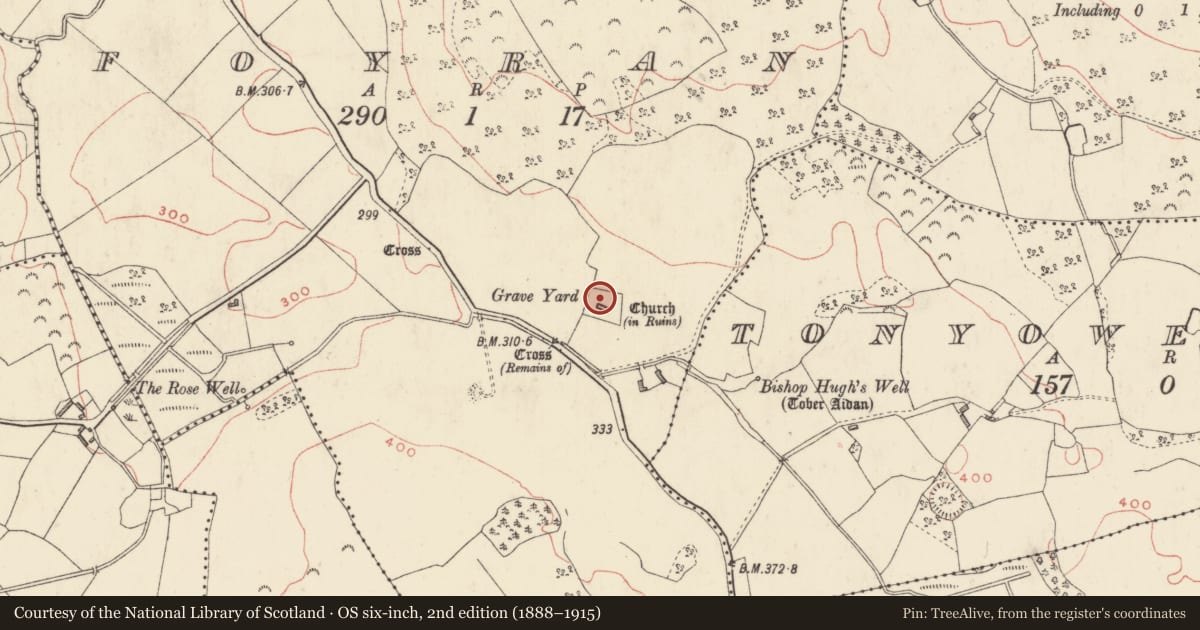 Ordnance Survey six-inch map, 2nd edition (1888–1915) covering the location of Ecclesiastical enclosure, Foyran, County Westmeath, with a pin at the register's coordinates