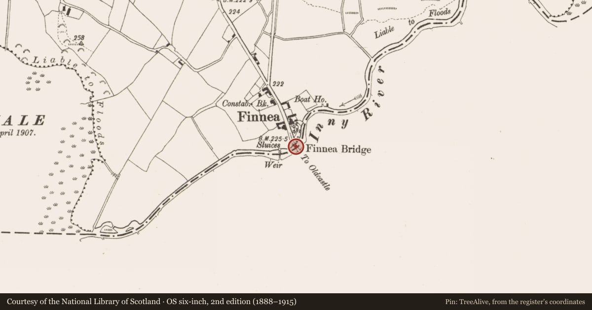 Ordnance Survey six-inch map, 2nd edition (1888–1915) covering the location of Bridge, Finnea, County Westmeath, with a pin at the register's coordinates