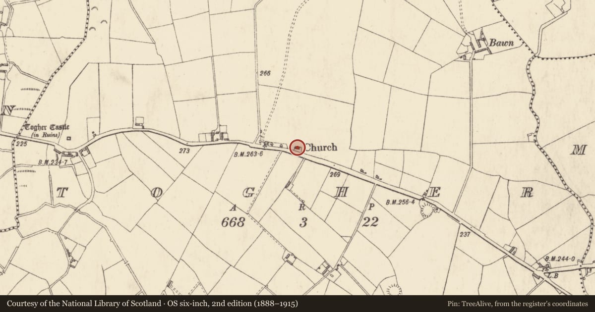 Ordnance Survey six-inch map, 2nd edition (1888–1915) covering the location of Church, Togher, County Westmeath, with a pin at the register's coordinates