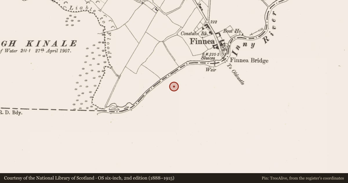 Ordnance Survey six-inch map, 2nd edition (1888–1915) covering the location of Bastioned fort, Finnea, County Westmeath, with a pin at the register's coordinates