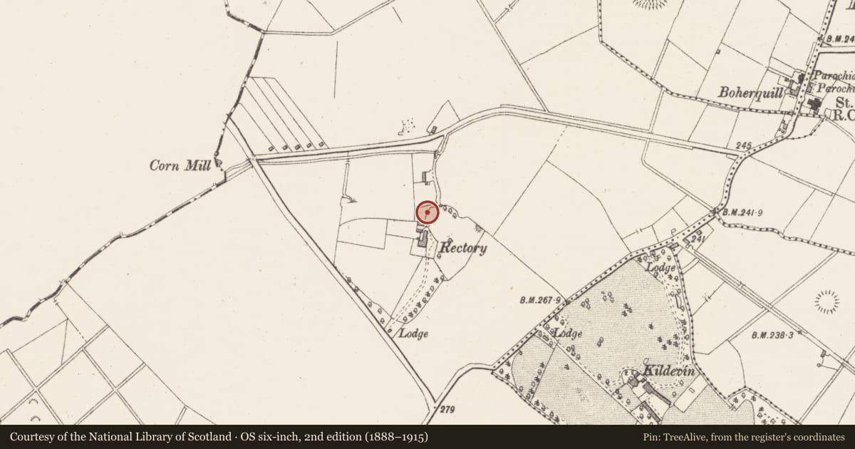 Ordnance Survey six-inch map, 2nd edition (1888–1915) covering the location of Graveyard, Kilmore, County Westmeath, with a pin at the register's coordinates