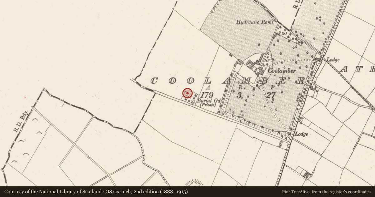 Ordnance Survey six-inch map, 2nd edition (1888–1915) covering the location of Cross - Wayside cross, Coolamber, County Westmeath, with a pin at the register's coordinates