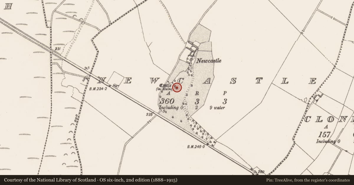 Ordnance Survey six-inch map, 2nd edition (1888–1915) covering the location of Castle - tower house, Newcastle, County Westmeath, with a pin at the register's coordinates