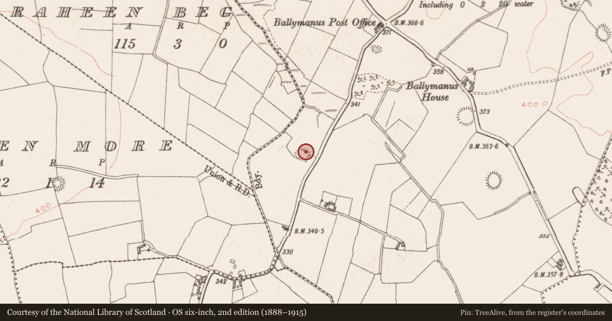 Ordnance Survey six-inch map, 2nd edition (1888–1915) covering the location of Moated site, Ballymanus, County Westmeath, with a pin at the register's coordinates