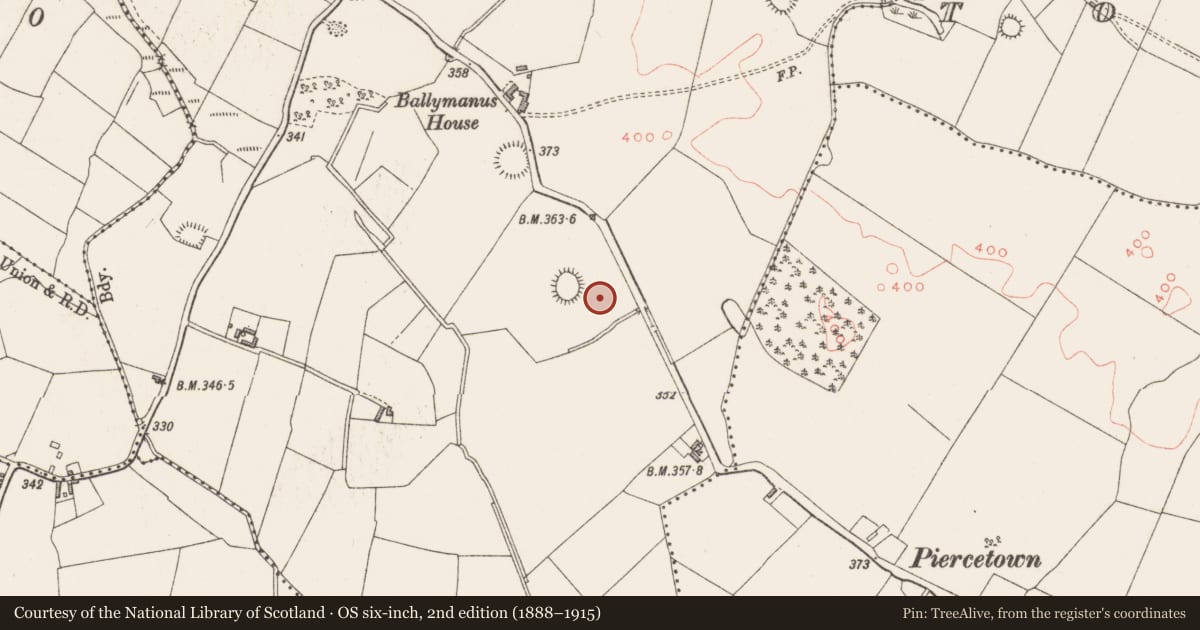 Ordnance Survey six-inch map, 2nd edition (1888–1915) covering the location of Field system, Ballymanus, County Westmeath, with a pin at the register's coordinates