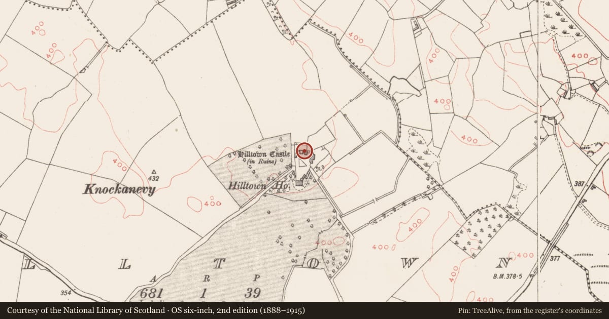 Ordnance Survey six-inch map, 2nd edition (1888–1915) covering the location of Castle - tower house, Hilltown, County Westmeath, with a pin at the register's coordinates