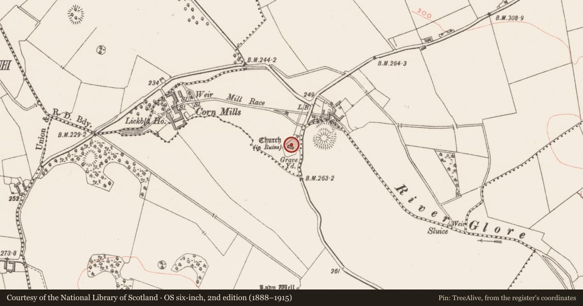 Ordnance Survey six-inch map, 2nd edition (1888–1915) covering the location of Church, Lickbla, County Westmeath, with a pin at the register's coordinates