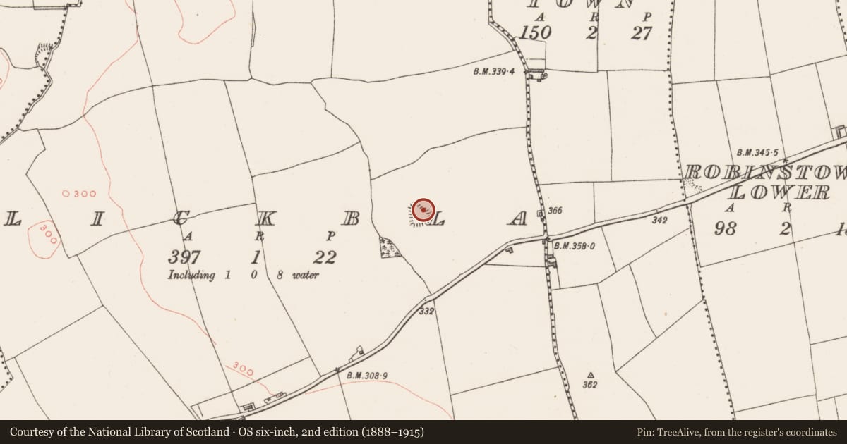 Ordnance Survey six-inch map, 2nd edition (1888–1915) covering the location of Hut site, Lickbla, County Westmeath, with a pin at the register's coordinates