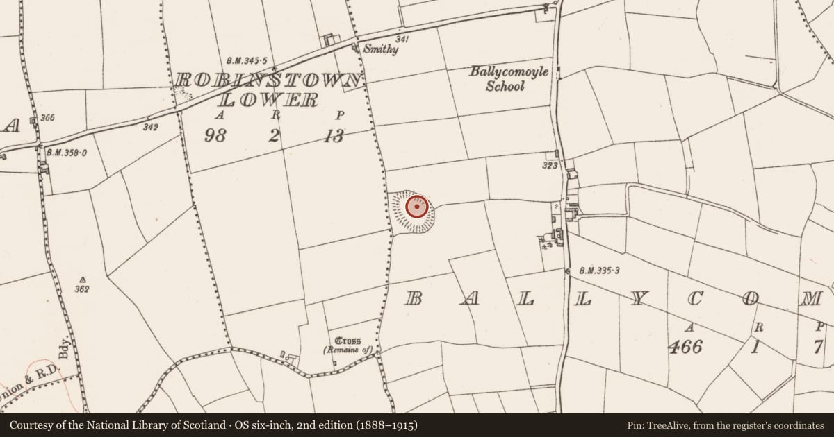 Ordnance Survey six-inch map, 2nd edition (1888–1915) covering the location of Ringfort - rath, Ballycomoyle, County Westmeath, with a pin at the register's coordinates