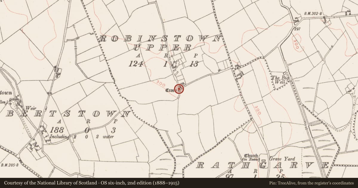 Ordnance Survey six-inch map, 2nd edition (1888–1915) covering the location of Cross - Wayside cross, Robinstown Upper, County Westmeath, with a pin at the register's coordinates