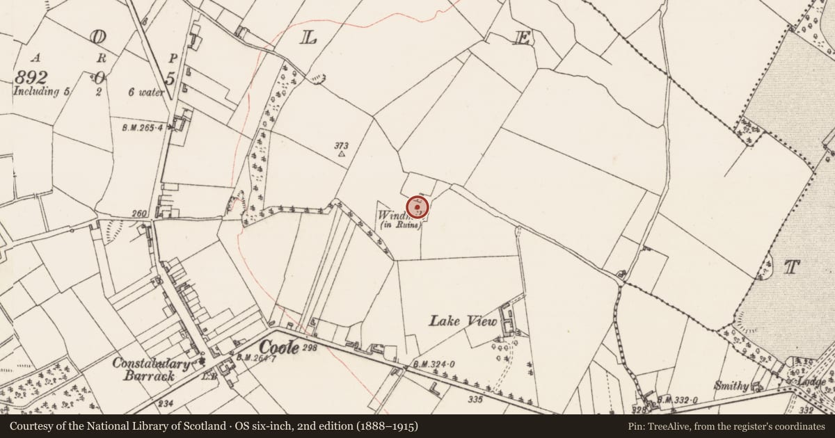 Ordnance Survey six-inch map, 2nd edition (1888–1915) covering the location of Windmill, Coole, County Westmeath, with a pin at the register's coordinates
