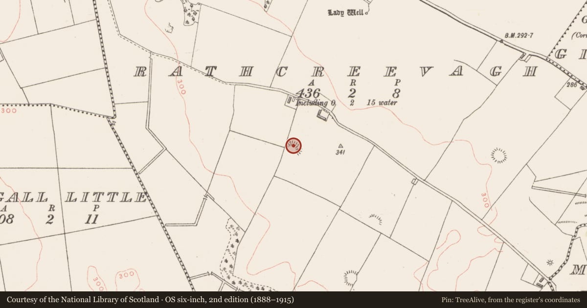 Ordnance Survey six-inch map, 2nd edition (1888–1915) covering the location of Ringfort - rath, Rathcreevagh, County Westmeath, with a pin at the register's coordinates