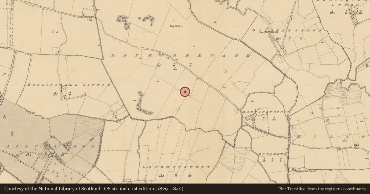 Ordnance Survey six-inch map, 1st edition (1829–1842) covering the location of Ringfort - rath, Rathcreevagh, County Westmeath, with a pin at the register's coordinates