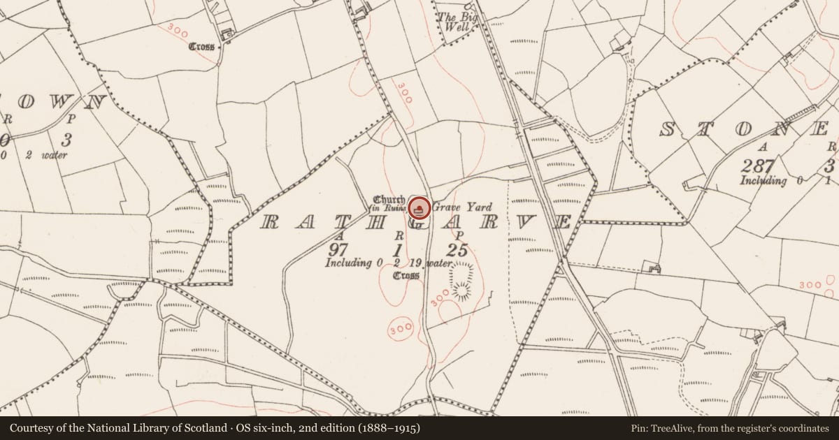 Ordnance Survey six-inch map, 2nd edition (1888–1915) covering the location of Church, Rathgarve, County Westmeath, with a pin at the register's coordinates