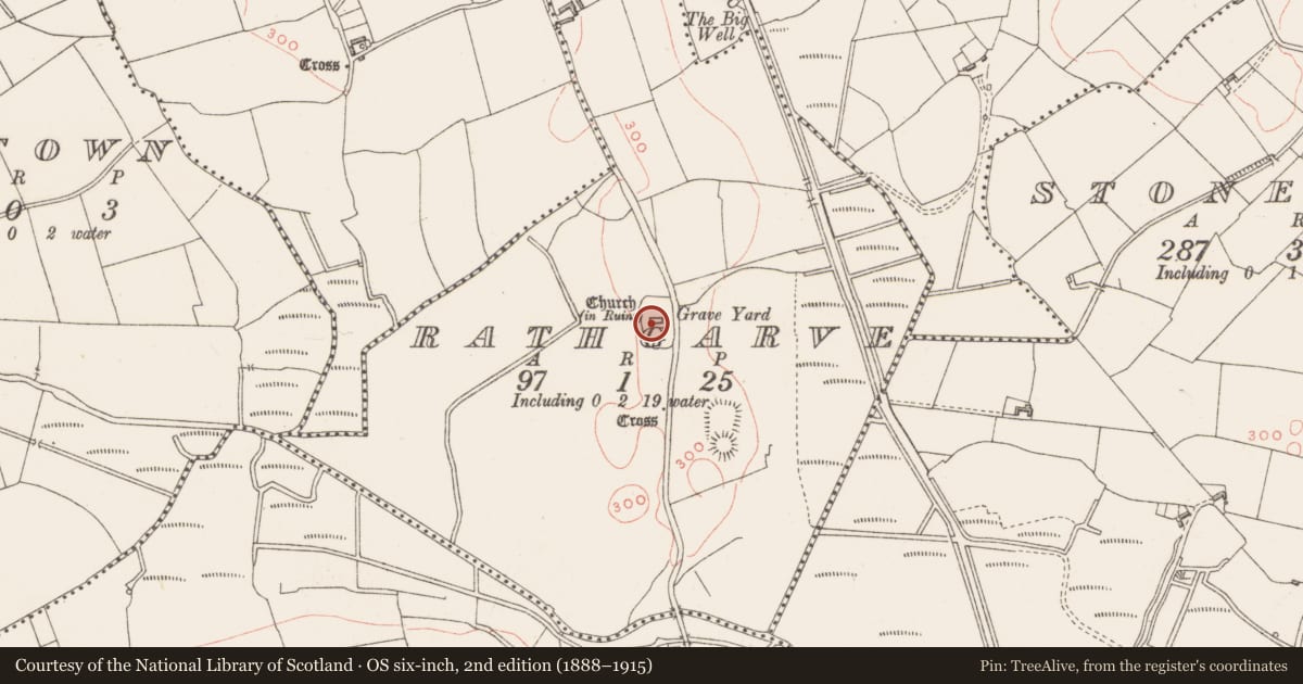 Ordnance Survey six-inch map, 2nd edition (1888–1915) covering the location of Ecclesiastical enclosure, Rathgarve, County Westmeath, with a pin at the register's coordinates