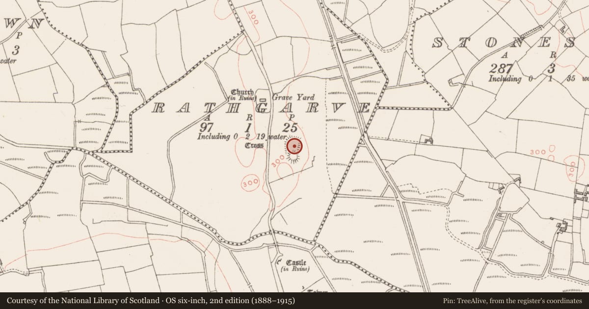 Ordnance Survey six-inch map, 2nd edition (1888–1915) covering the location of Castle - motte and bailey, Rathgarve, County Westmeath, with a pin at the register's coordinates