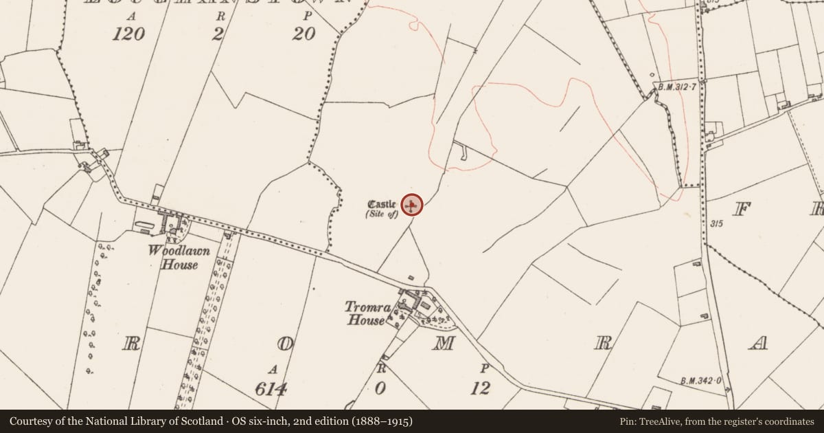 Ordnance Survey six-inch map, 2nd edition (1888–1915) covering the location of Castle - tower house, Tromra, County Westmeath, with a pin at the register's coordinates