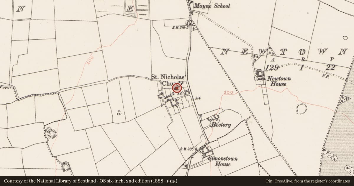 Ordnance Survey six-inch map, 2nd edition (1888–1915) covering the location of Church, Mayne, County Westmeath, with a pin at the register's coordinates
