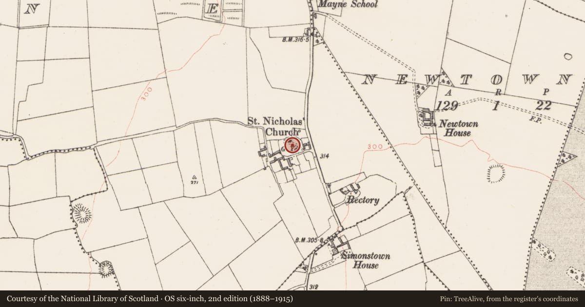 Ordnance Survey six-inch map, 2nd edition (1888–1915) covering the location of Graveyard, Mayne, County Westmeath, with a pin at the register's coordinates