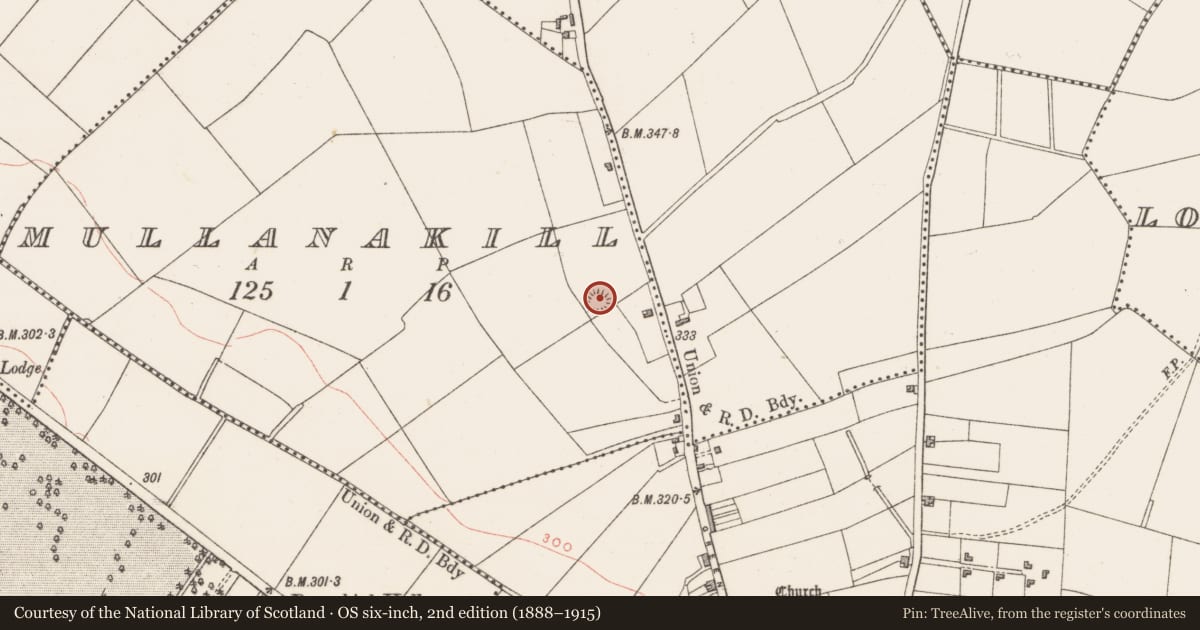 Ordnance Survey six-inch map, 2nd edition (1888–1915) covering the location of Barrow - mound barrow, Mullanakill, County Westmeath, with a pin at the register's coordinates