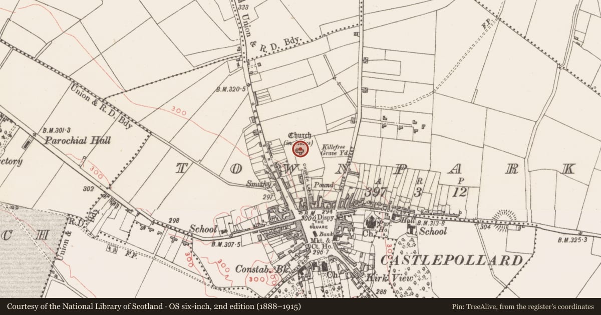 Ordnance Survey six-inch map, 2nd edition (1888–1915) covering the location of Church, Townparks, County Westmeath, with a pin at the register's coordinates