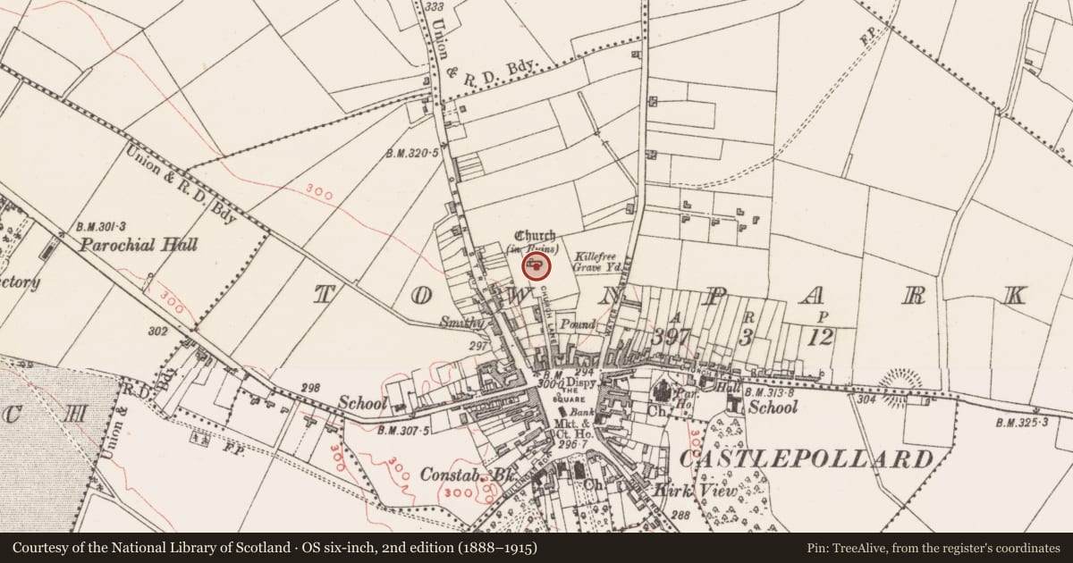 Ordnance Survey six-inch map, 2nd edition (1888–1915) covering the location of Graveslab, Townparks, County Westmeath, with a pin at the register's coordinates