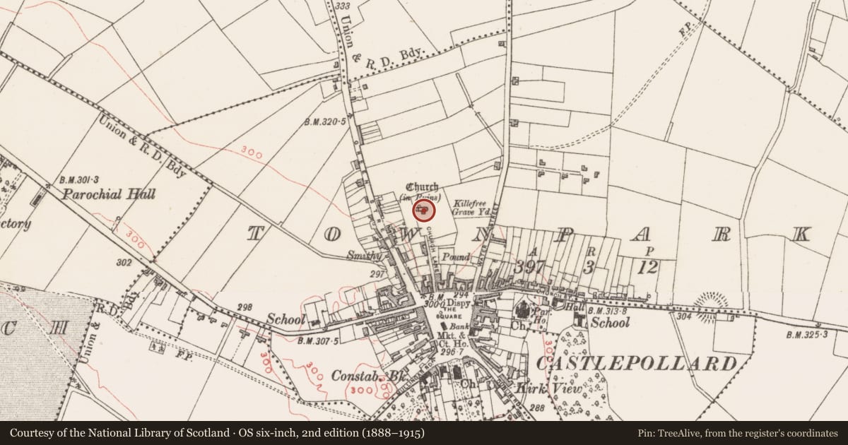 Ordnance Survey six-inch map, 2nd edition (1888–1915) covering the location of Memorial stone, Townparks, County Westmeath, with a pin at the register's coordinates