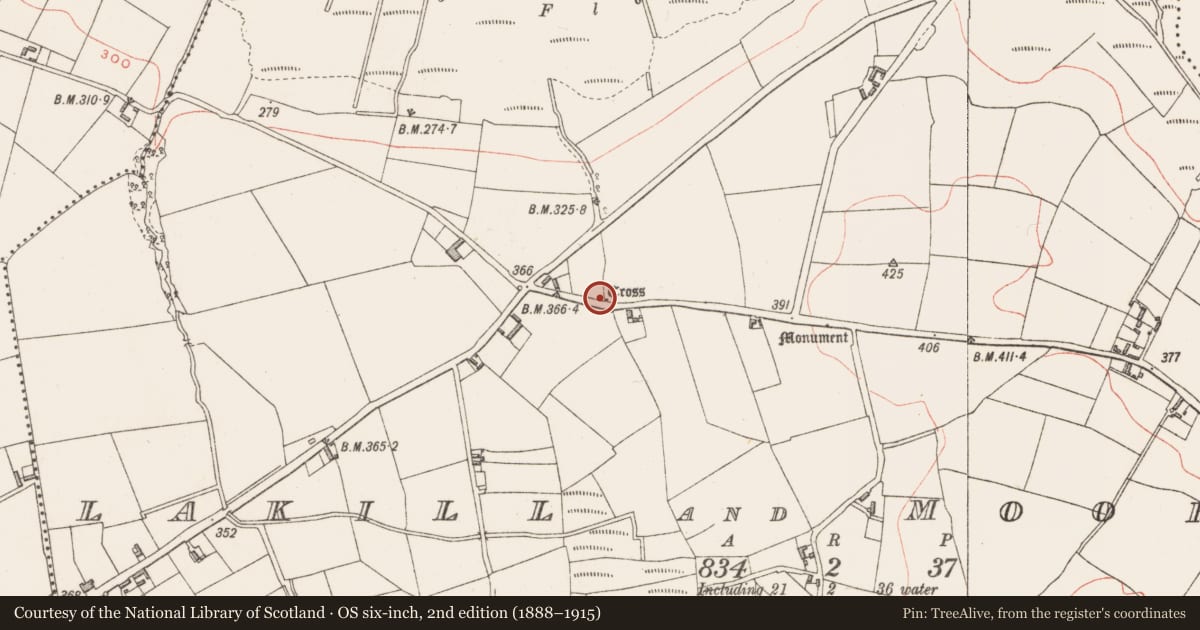 Ordnance Survey six-inch map, 2nd edition (1888–1915) covering the location of Cross - Wayside cross, Lakill And Moortown, County Westmeath, with a pin at the register's coordinates