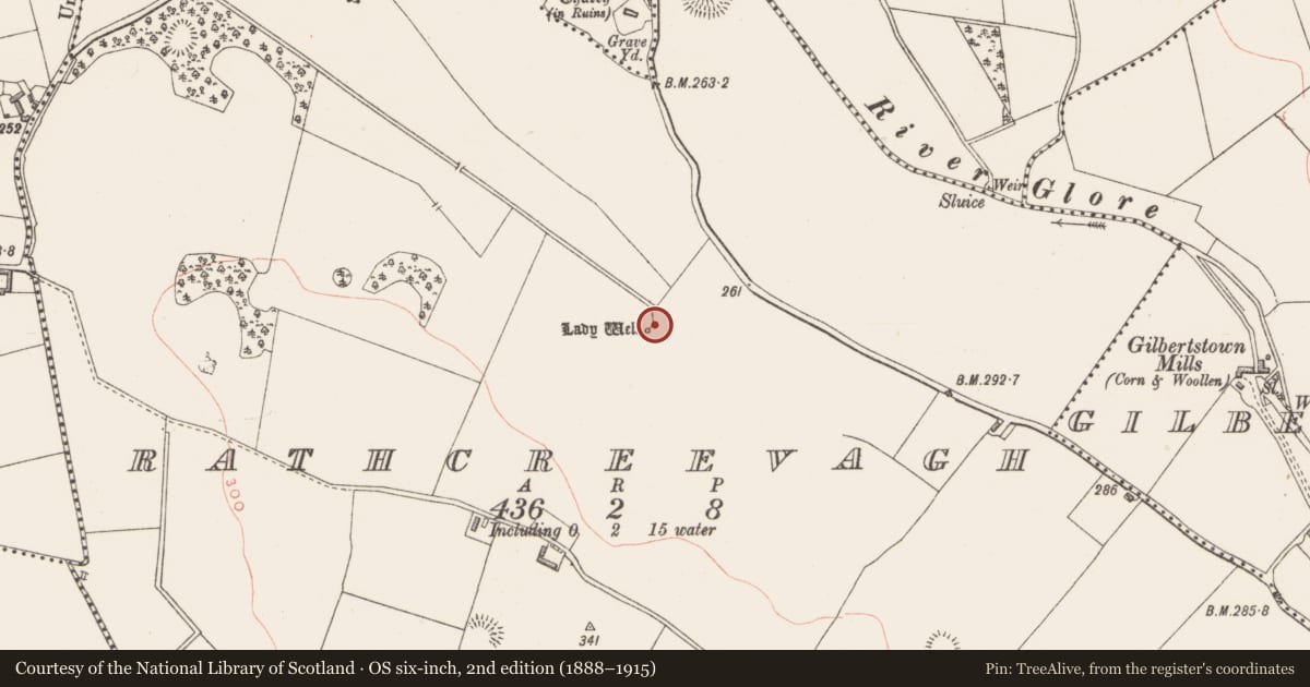 Ordnance Survey six-inch map, 2nd edition (1888–1915) covering the location of Ritual site - holy well, Rathcreevagh, County Westmeath, with a pin at the register's coordinates