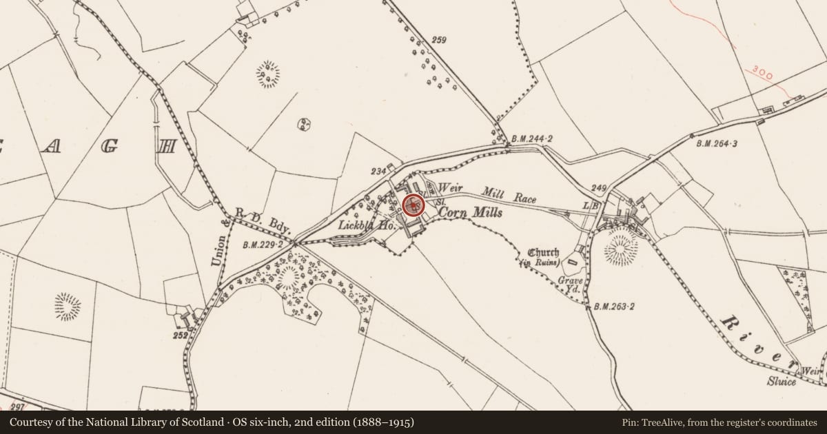 Ordnance Survey six-inch map, 2nd edition (1888–1915) covering the location of Water mill - unclassified, Lickbla, County Westmeath, with a pin at the register's coordinates